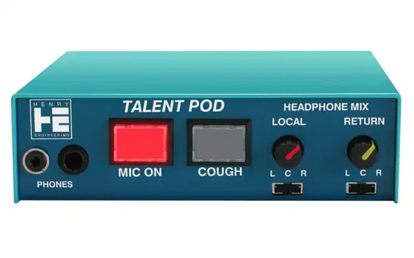 The Henry Engineering TALENTPOD II is an announcer’s mic and headphone controller for use by talent at a remote broadcast.