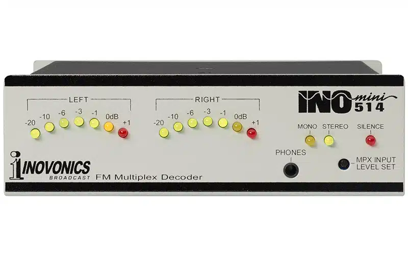 The Inovonics 514 is a standalone decoder for FM-stereo multiplex demodulating an FM-baseband input decoding the signal to discrete L and R audio.