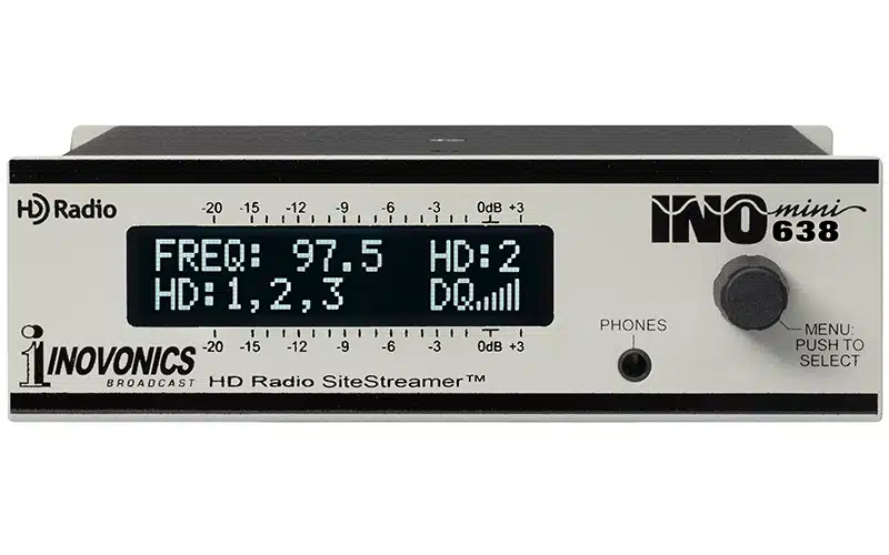 Installed at a broadcast transmitter site the Inovonics INOmini 638 SiteStreamer™ is a Web-enabled FM and HD Radio™ receiver for remote signal monitoring.