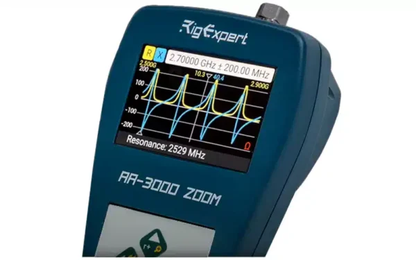 The flagship RigExpert AA-3000 ZOOM Antenna and Cable analyser with a range from 0.1 to 3000 MHz and a Big Blanview® ZOOM display.