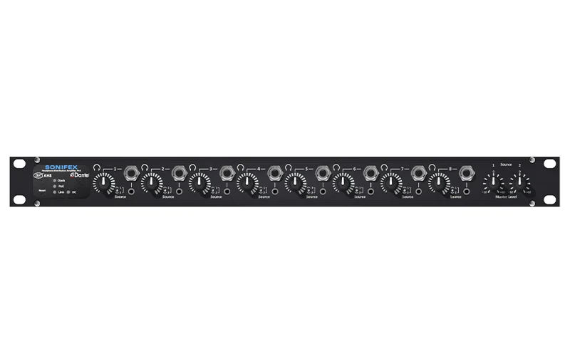 The Sonifex AVN-AH8 multi-channel headphone amplifier is a 1U rack-mount which distributes 2 sets of stereo audio to up to 8 different sets of headphones.