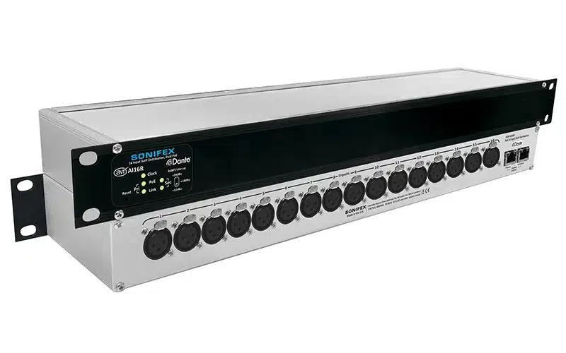 The Sonifex AVN-AI16R audio converter and interface converts up to sixteen analogue inputs to the Dante Audio-over-IP networking standard.
