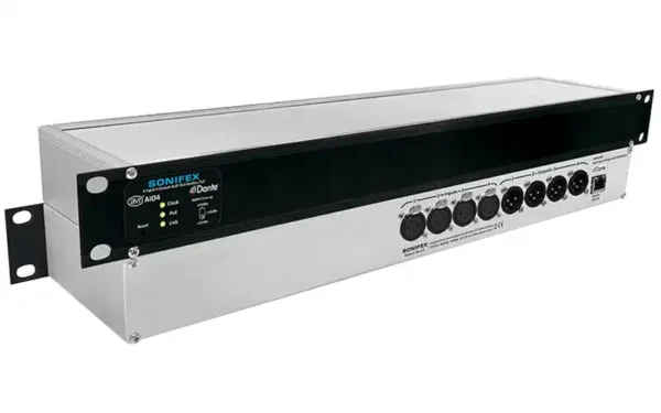 The Sonifex AVN-AIO4 audio converter and interface converts up to four analogue inputs and four analogue outputs to and from the Dante Audio-over-IP networking standard.