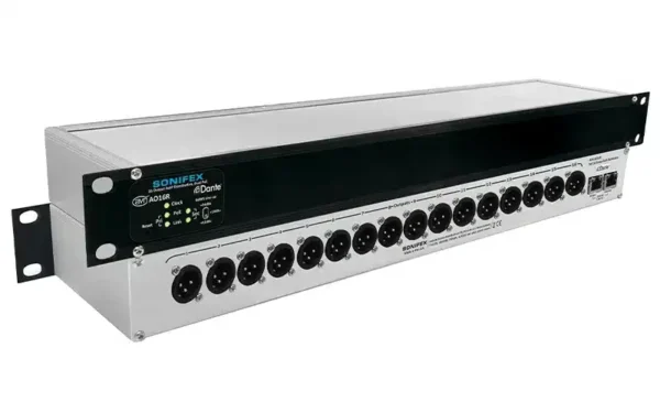 The Sonifex AVN-AO16R audio converter and interface converts up to sixteen analogue outputs from the Dante Audio-over-IP networking standard.