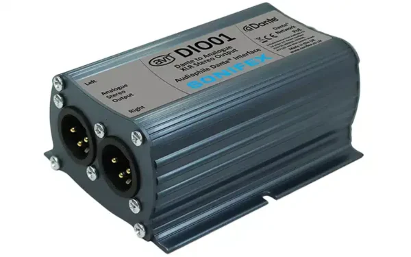 The Sonifex AVN-DIO01 offers Dante AoIP network audio input to stereo audio output on 2x balanced 3-pin XLR connectors