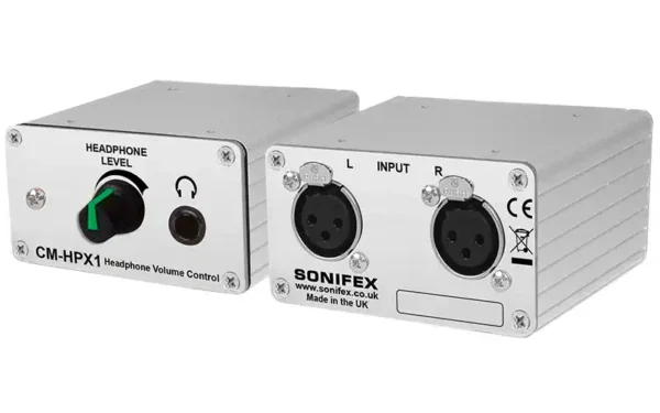 The Sonifex CM-HPX1 Headphone Volumn Control allows the connection of a stereo balanced line input via 2 x female XLRs and creates a headphone output