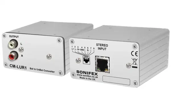 The Sonifex CM-LUR1 Balanced to Unbalanced Audio Converter allows the connection of a stereo balanced line input via RJ45 with StudioHub+™ pinout to a stereo unbalanced output on stereo phono connectors.