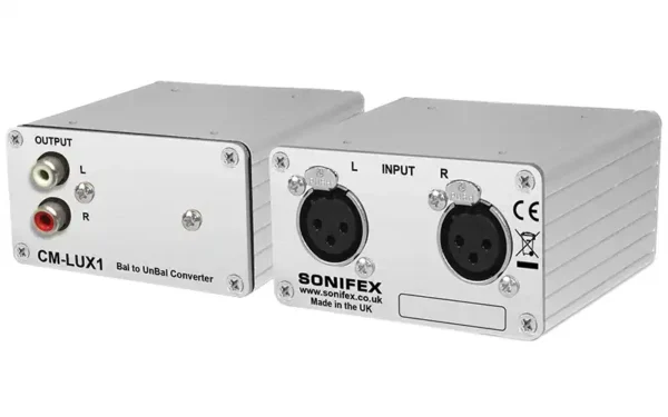 The Sonifex CM-LUX1 Balanced to Unbalanced Audio Converter allows the connection of a stereo balanced line input via 2 x female XLRs to a stereo unbalanced output on phono connectors.