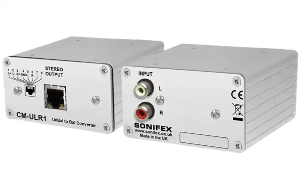 The Sonifex CM-ULR1 Unbalanced to Balanced Audio Converter product allows the connection of a stereo unbalanced line input on phono connectors to a balanced line output via a RJ45 with StudioHub+™ pinout.