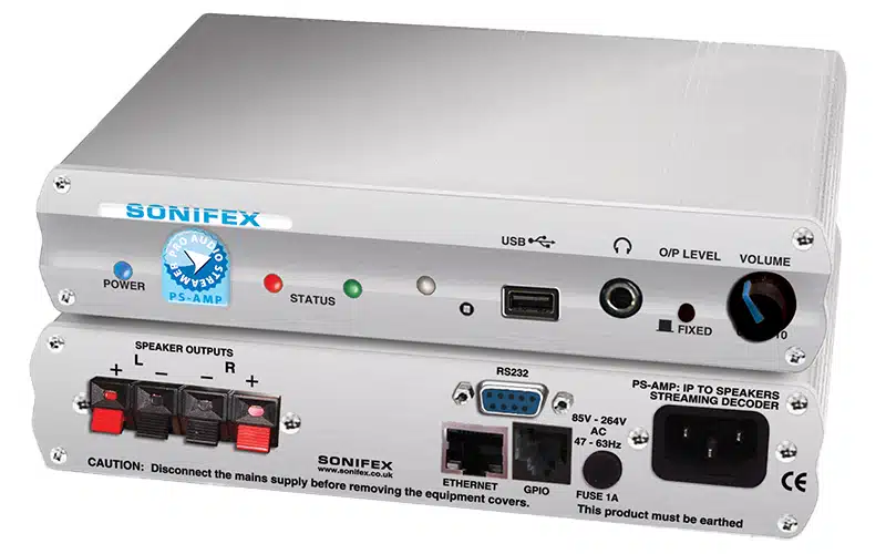The Sonifex PS-AMP is a freestanding unit which converts an IP audio stream directly to speaker outputs.
