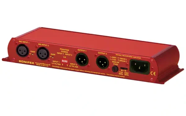 The Sonifex RB-MA2 consists of two independent low-noise microphone pre-amplifiers for converting mic level signals to line level