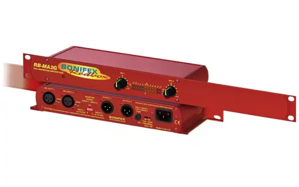 The Sonifex RB-MA2G consists of two independent low-noise microphone pre-amplifiers with front panel level controls and metering