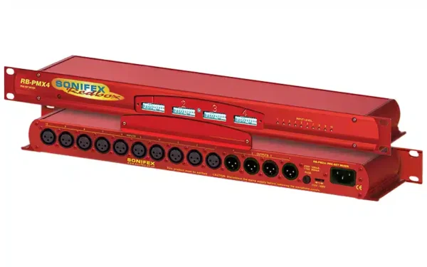 The Sonifex RB-PMX4 A dual balanced converter that allows the user to convert two independent stereo inputs to two fully buffered mono outputs.