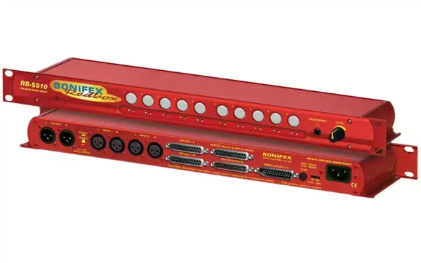 The Sonifex RB-SS10 10 way stereo analogue source selector/mixer is a 1U rack-mount unit that produces a stereo analogue audio output from 10 selectable stereo analogue sources.