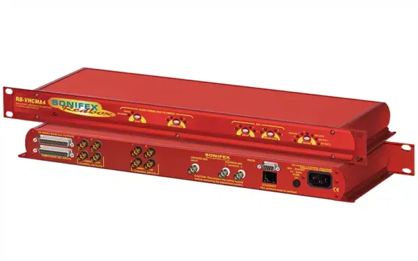 The Sonifex RB-VHCMA4 is a 4-channel analogue de-embedder and a 4-channel analogue embedder combined into a single 19-inch rack unit.