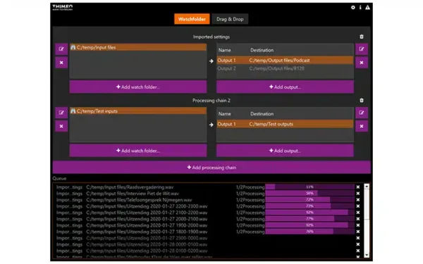 Thimeo WatchCat is a program that offers batch processing and tracks files placed in configurable folders (watchfolders) or dragged onto it.