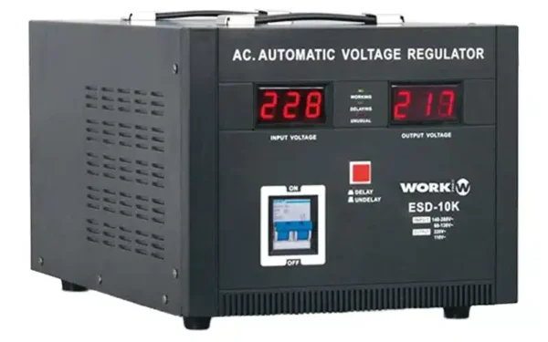 The Work Pro ESD-10K is a voltage regulator that maintains a constant output supply when voltage oscillates between 140 and 250 V (with 220 V devices) or between 60 and 130 V (with 110V devices).