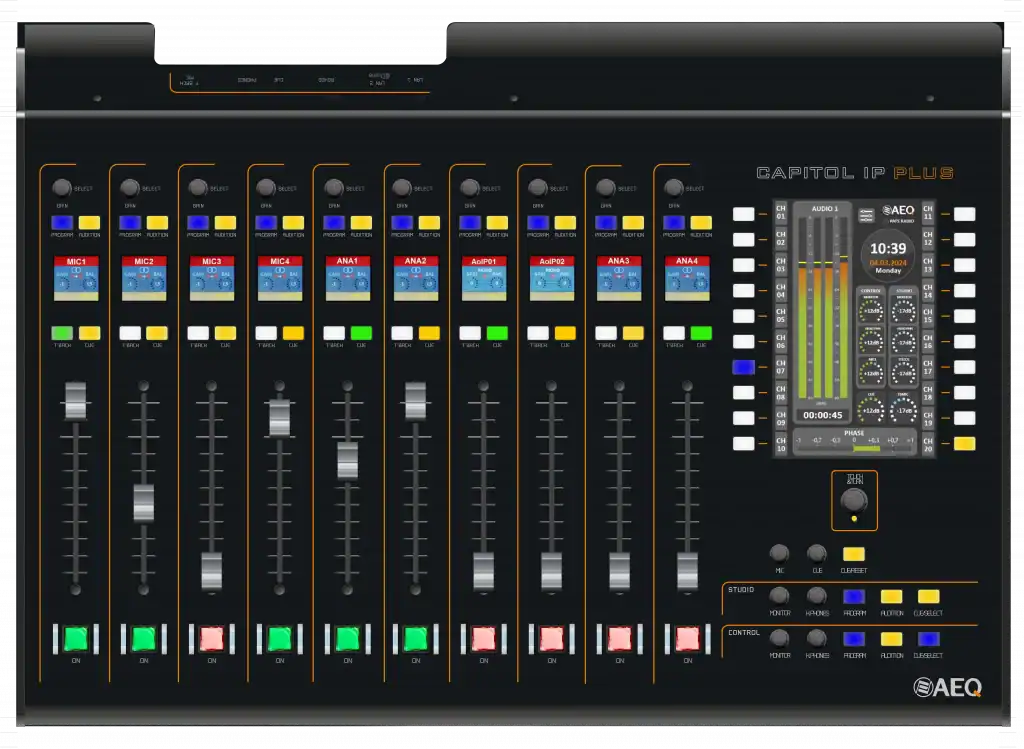 AEQ CAPITOL IP PLUS black tabletop digital broadcast mixer