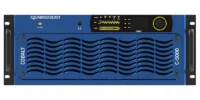 Front panel view of the Aqua Cobalt C-5000 5000 watt solid‑state FM transmitter with status LEDs, audio meters and control knob in a 4U blue rack chassis.