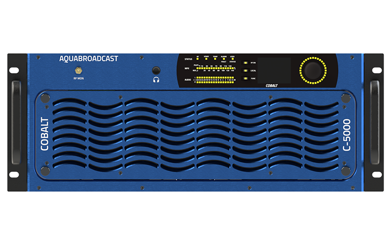 Front panel view of the Aqua Cobalt C-5000 5000 watt solid‑state FM transmitter with status LEDs, audio meters and control knob in a 4U blue rack chassis.