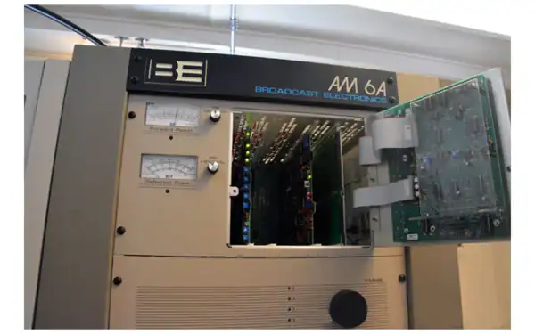 Broadcast Electronics AM 6A medium wave transmitter with front panel meters and module access