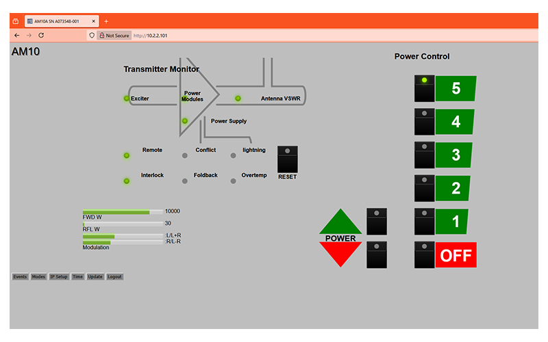HTML5 web GUI for Broadcast Electronics AM-10A transmitter showing transmitter monitor and power control interface.