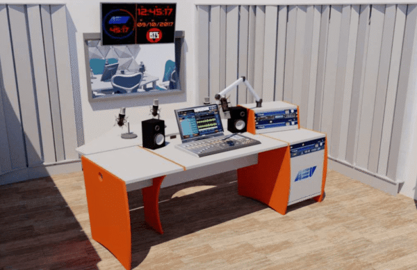 AEV ACUO 908 Studio console with microphones, speakers and rack equipment in a modern radio studio.