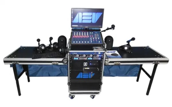 AEV Flightcase Studio with BSM Evolution console, rack equipment, fold‑out flightcase desks, microphones, headphones and LCD screen on wheels.