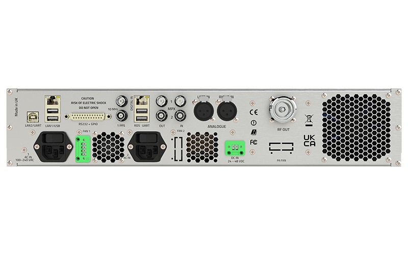 Aqua Cobalt C-1000 FM transmitter rear panel with dual redundant power supplies and I/O connections