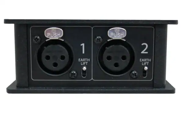 Two XLR input connectors on the Glensound GS-ET02 with individual earth lift switches for channels one and two.