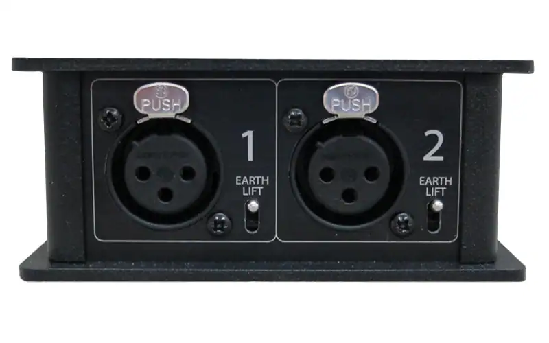Two XLR input connectors on the Glensound GS-ET02 with individual earth lift switches for channels one and two.