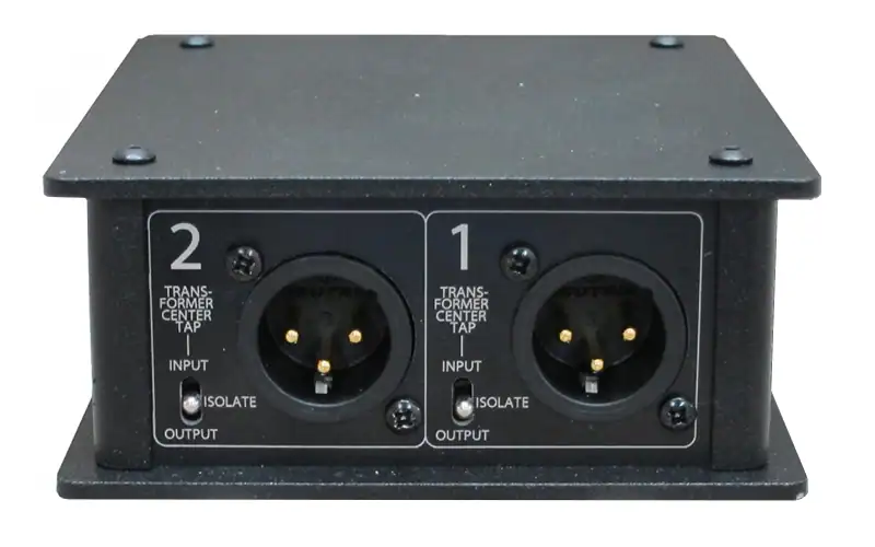 Two XLR connectors on the Glensound GS‑ET02 output side with transformer centre tap and input/output isolate switching.
