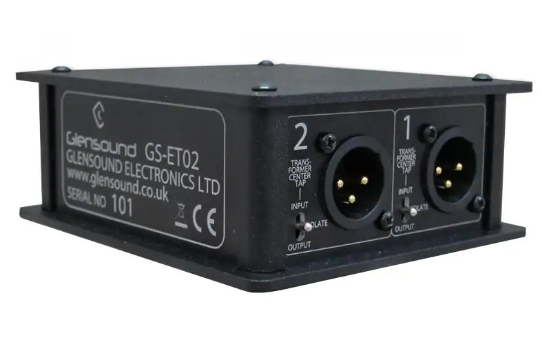 Three‑quarter view of the Glensound GS‑ET02 twin channel audio transformer isolation box showing chassis and XLR connectors.