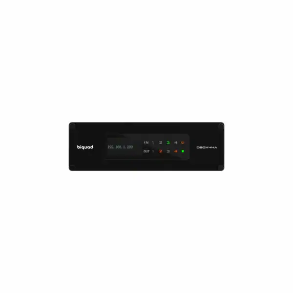 Biquad DBOX44A Dante audio interface with four analogue inputs and four analogue outputs