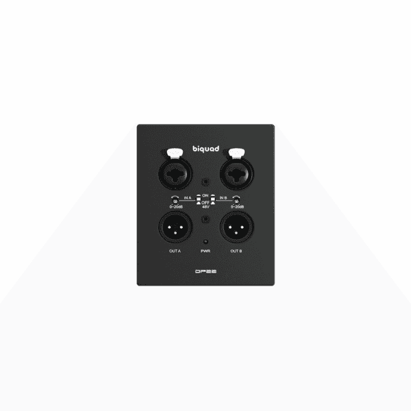 Biquad DP22 Dante audio interface with two mic/line inputs and two balanced XLR outputs