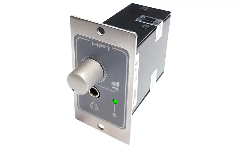 Angled left view of Biquad HP1 V2 headphone amplifier module with volume knob and headphone jack