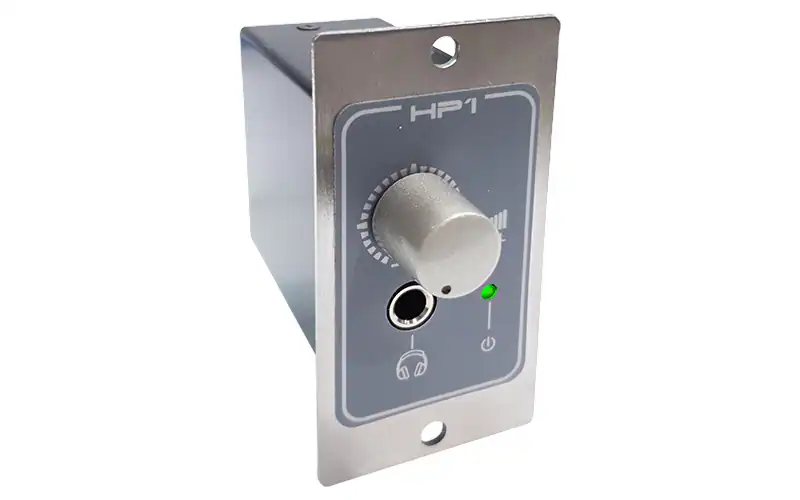 Angled right view of Biquad HP1 V2 headphone amplifier module with front controls and rear housing