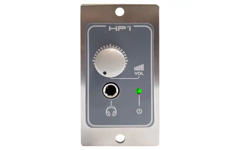 Front panel of Biquad HP1 V2 headphone amplifier module with volume control, headphone jack and power LED