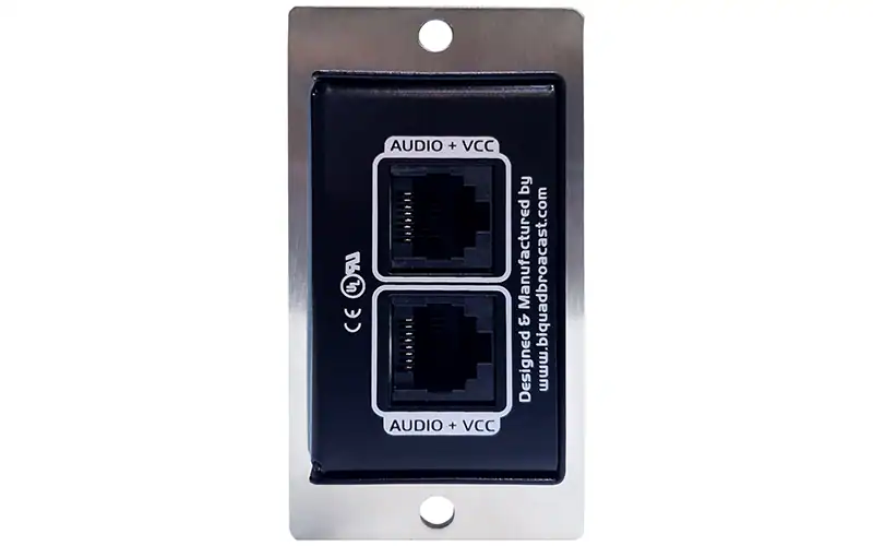 Rear view of Biquad HP1 V2 headphone amplifier module showing dual RJ45 audio + VCC connectors