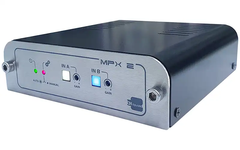 Angled front view of Biquad MPX-2 silence detection unit with automatic and manual mode indicators