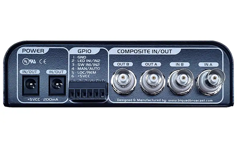 Rear view of Biquad MPX-2 silence detection unit showing composite IN/OUT and GPIO connections