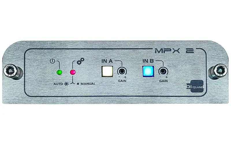 Front panel of Biquad MPX-2 silence detection unit with AUTO/MANUAL and IN A/IN B controls