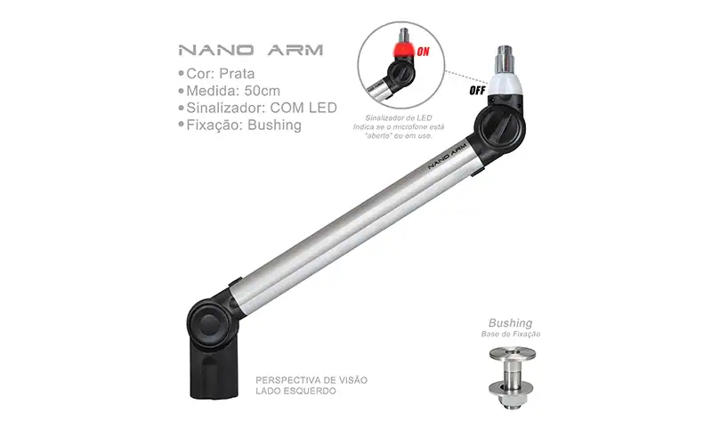 Biquad Nano Arm silver 50 cm microphone stand with ON-AIR LED left view